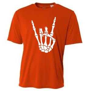 Halloween Skeleton Hand Horns Rock N Roll Funny Music Lover Cooling Performance Crew T-Shirt