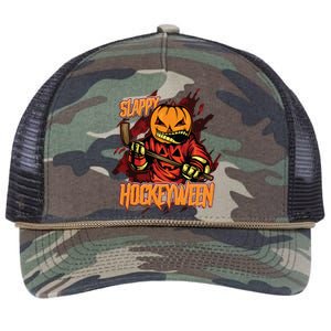 Hockey Slappy Hockeyween Pumpkin Jack O Lantern Halloween Retro Rope Trucker Hat Cap