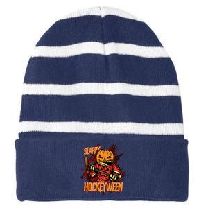 Hockey Slappy Hockeyween Pumpkin Jack O Lantern Halloween Striped Beanie with Solid Band