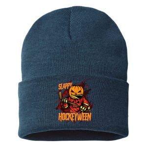 Hockey Slappy Hockeyween Pumpkin Jack O Lantern Halloween Sustainable Knit Beanie