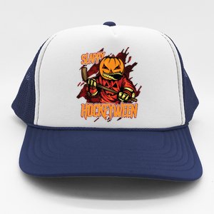 Hockey Slappy Hockeyween Pumpkin Jack O Lantern Halloween Trucker Hat