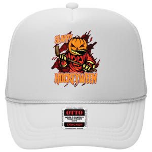 Hockey Slappy Hockeyween Pumpkin Jack O Lantern Halloween High Crown Mesh Back Trucker Hat