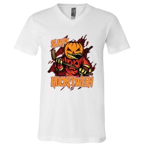 Hockey Slappy Hockeyween Pumpkin Jack O Lantern Halloween V-Neck T-Shirt