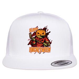 Hockey Slappy Hockeyween Pumpkin Jack O Lantern Halloween Flat Bill Trucker Hat