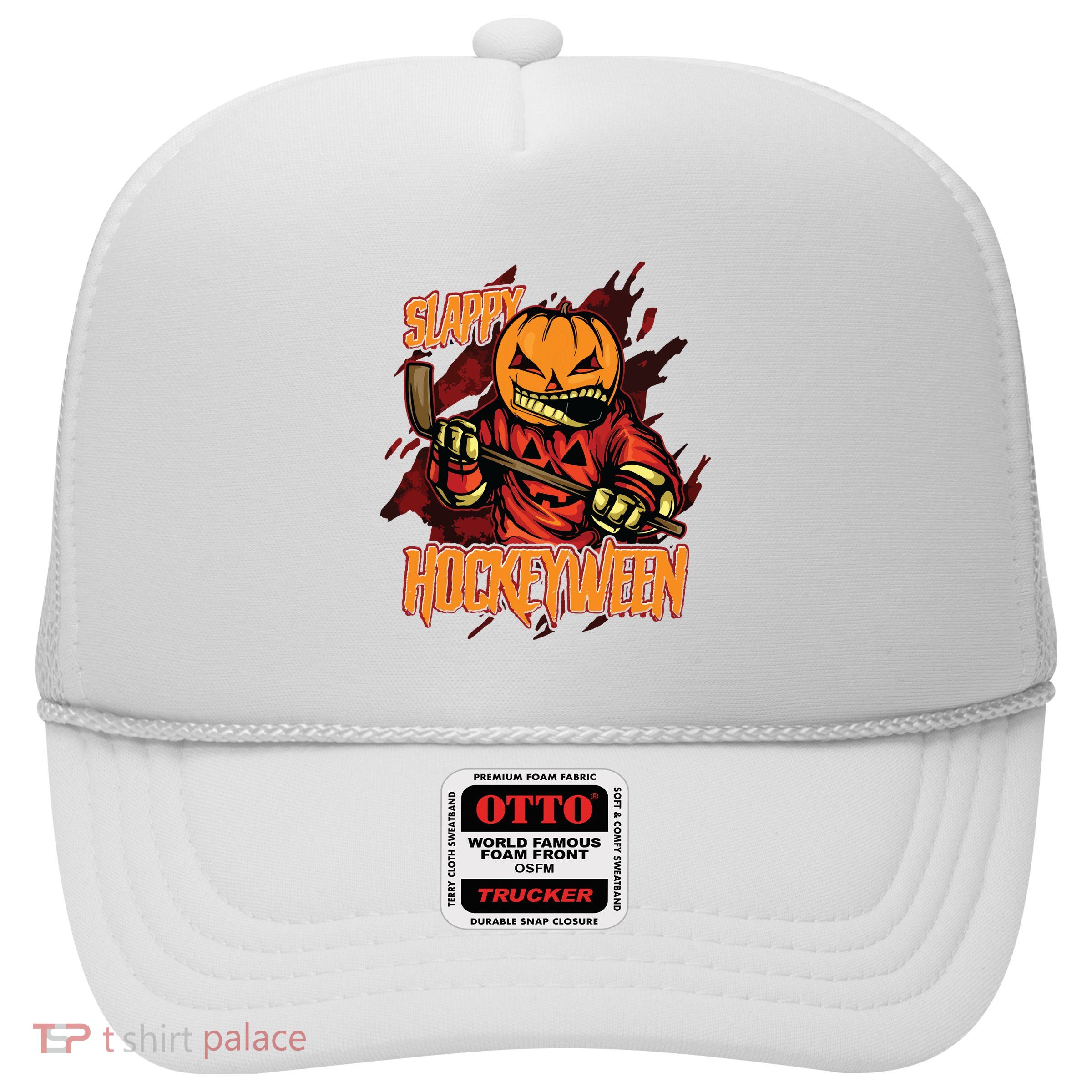 Hockey Slappy Hockeyween Pumpkin Jack O Lantern Halloween Trucker Hat