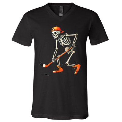 Halloween Skeleton Hockey Sport Costume Gift V-Neck T-Shirt