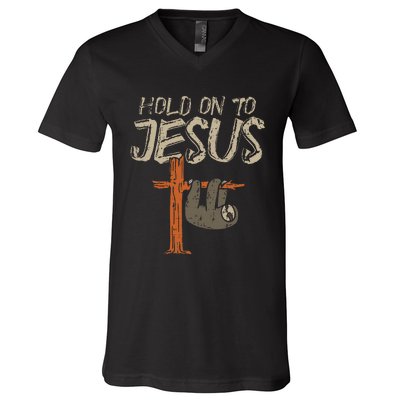 Hanging Sloth Hold On To Jesus God Christian V-Neck T-Shirt