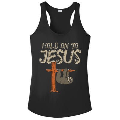 Hanging Sloth Hold On To Jesus God Christian Ladies PosiCharge Competitor Racerback Tank
