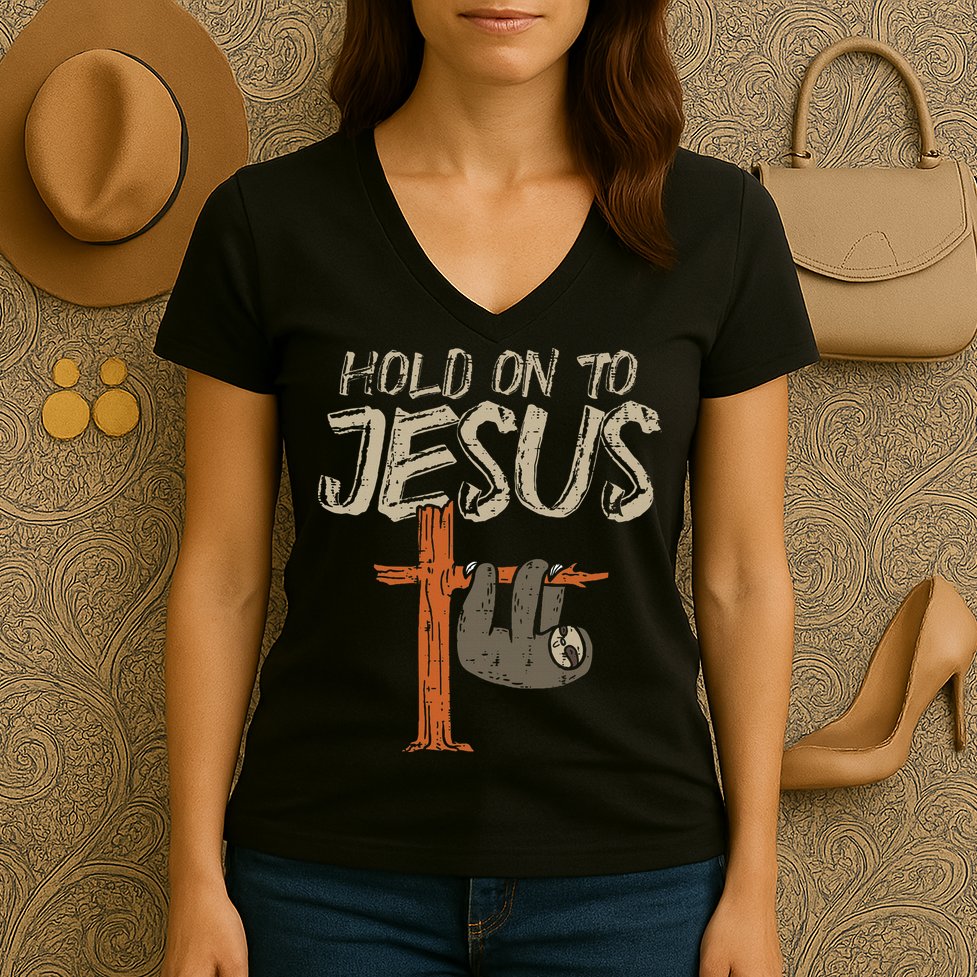 Hanging Sloth Hold On To Jesus God Christian Women's V-Neck T-Shirt