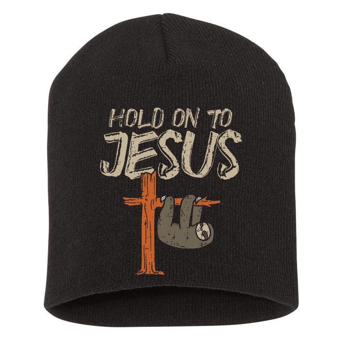 Hanging Sloth Hold On To Jesus God Christian Short Acrylic Beanie