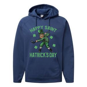 Happy Saint Hatricks Day St Patrick's Day Hockey Leprechaun Gift Performance Fleece Hoodie