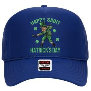 Happy Saint Hatricks Day St Patrick's Day Hockey Leprechaun Gift High Crown Mesh Back Trucker Hat