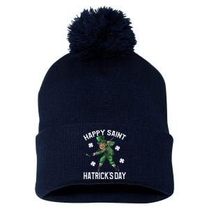 Happy Saint Hatricks Day St Patrick's Day Hockey Leprechaun Pom Pom 12in Knit Beanie