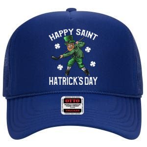 Happy Saint Hatricks Day St Patrick's Day Hockey Leprechaun High Crown Mesh Back Trucker Hat