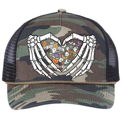 Halloween Skeleton Hand Sign Heart Gift Retro Rope Trucker Hat Cap