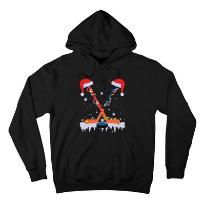 Hockey Santa Hat Christmas Lights Funny Sport Xmas Pjs Hoodie