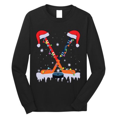 Hockey Santa Hat Christmas Lights Funny Sport Xmas Pjs Long Sleeve Shirt