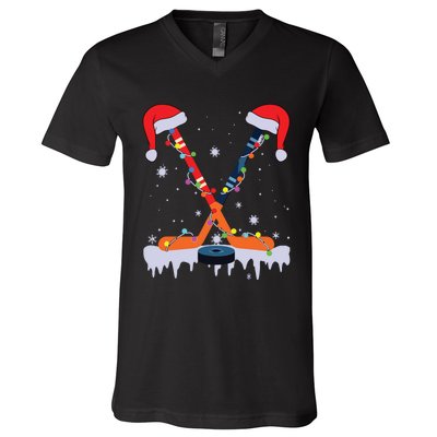 Hockey Santa Hat Christmas Lights Funny Sport Xmas Pjs V-Neck T-Shirt