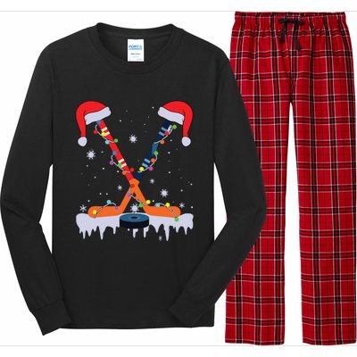 Hockey Santa Hat Christmas Lights Funny Sport Xmas Pjs Long Sleeve Pajama Set