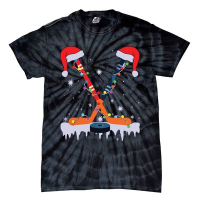 Hockey Santa Hat Christmas Lights Funny Sport Xmas Pjs Tie-Dye T-Shirt