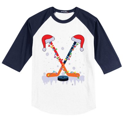 Hockey Santa Hat Christmas Lights Funny Sport Xmas Pjs Baseball Sleeve Shirt