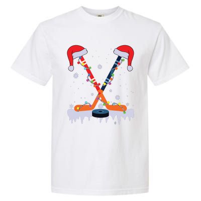 Hockey Santa Hat Christmas Lights Funny Sport Xmas Pjs Garment-Dyed Heavyweight T-Shirt