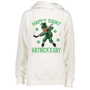 Happy Saint Hatricks Day St Patrick's Day Hockey Leprechaun Womens Funnel Neck Pullover Hood