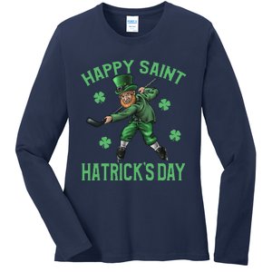 Happy Saint Hatricks Day St Patrick's Day Hockey Leprechaun Ladies Long Sleeve Shirt