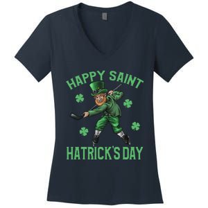 Happy Saint Hatricks Day St Patrick's Day Hockey Leprechaun Women's V-Neck T-Shirt