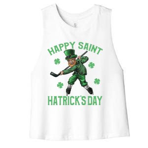 Happy Saint Hatricks Day St Patrick's Day Hockey Leprechaun Women's Racerback Cropped Tank