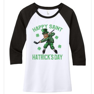 Happy Saint Hatricks Day St Patrick's Day Hockey Leprechaun Women's Tri-Blend 3/4-Sleeve Raglan Shirt