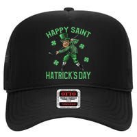 Happy Saint Hatricks Day St Patrick's Day Hockey Leprechaun Funny High Crown Mesh Back Trucker Hat