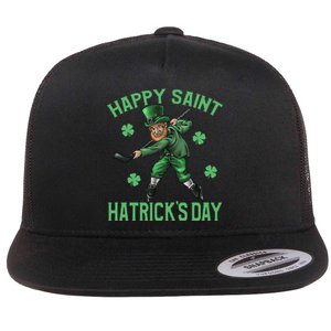 Happy Saint Hatricks Day St Patrick's Day Hockey Leprechaun Funny Flat Bill Trucker Hat