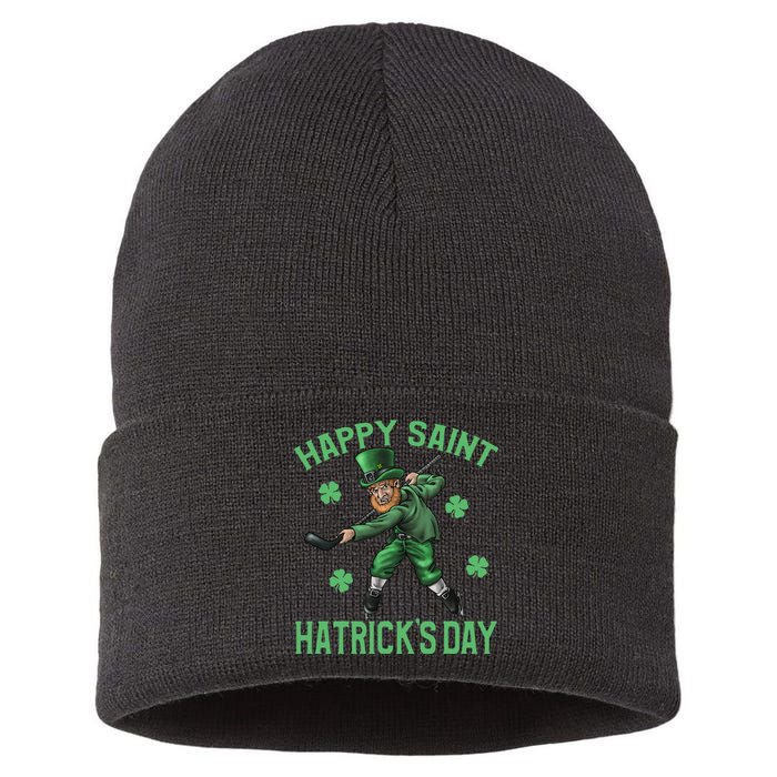 Happy Saint Hatricks Day St Patrick's Day Hockey Leprechaun Funny Sustainable Knit Beanie