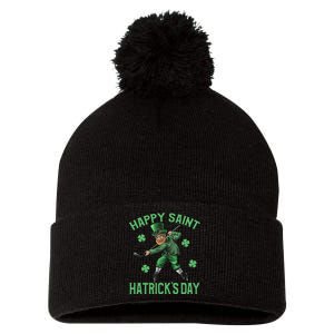 Happy Saint Hatricks Day St Patrick's Day Hockey Leprechaun Funny Pom Pom 12in Knit Beanie