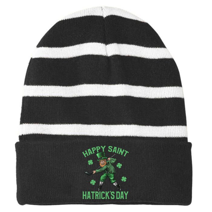 Happy Saint Hatricks Day St Patrick's Day Hockey Leprechaun Funny Striped Beanie with Solid Band