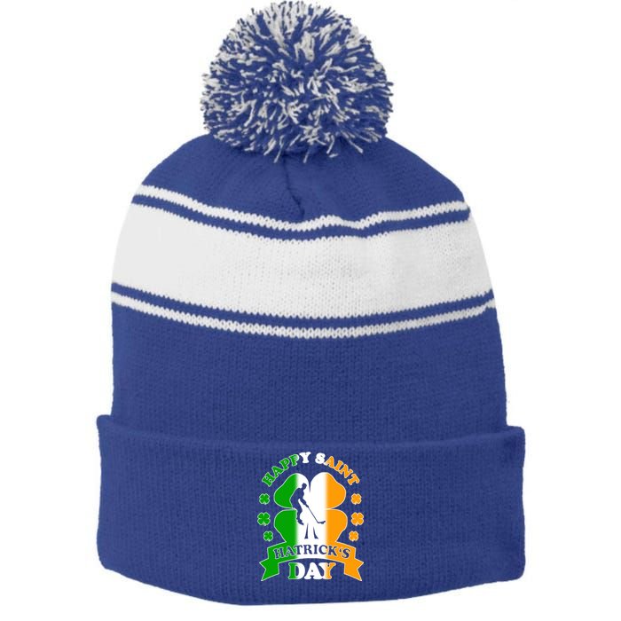 Happy Saint Hatrick's Day Irish Hockey Player St Patrick's Funny Gift Stripe Pom Pom Beanie