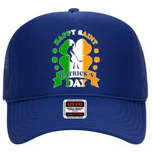 Happy Saint Hatrick's Day Irish Hockey Player St Patrick's Funny Gift High Crown Mesh Back Trucker Hat