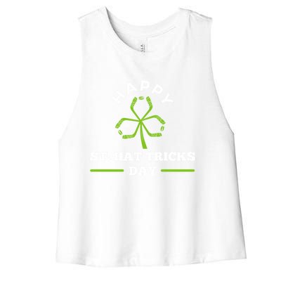 Happy St Hat Tricks Day Hockey Sticks Shamrock Gift Women's Racerback Cropped Tank