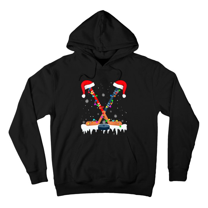 Hockey Santa Hat Christmas Lights Funny Sport Xmas PJs Hoodie