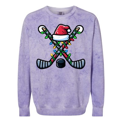 Hockey Santa Hat Christmas Lights For Hockey Fans Players Gift Colorblast Crewneck Sweatshirt