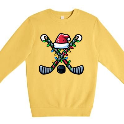 Hockey Santa Hat Christmas Lights For Hockey Fans Players Gift Premium Crewneck Sweatshirt