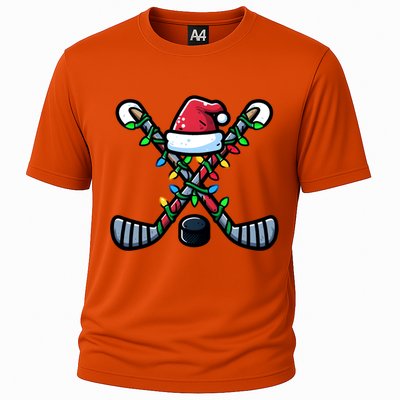 Hockey Santa Hat Christmas Lights For Hockey Fans Players Gift Cooling Performance Crew T-Shirt