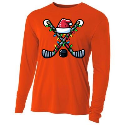 Hockey Santa Hat Christmas Lights For Hockey Fans Players Gift Cooling Performance Long Sleeve Crew