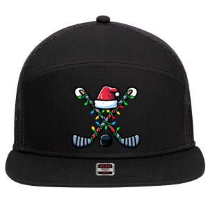 Hockey Santa Hat Christmas Lights For Hockey Fans Players Gift 7 Panel Mesh Trucker Snapback Hat