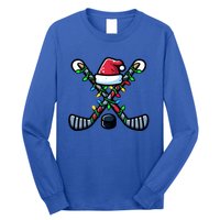 Hockey Santa Hat Christmas Lights For Hockey Fans Players Gift Long Sleeve Shirt