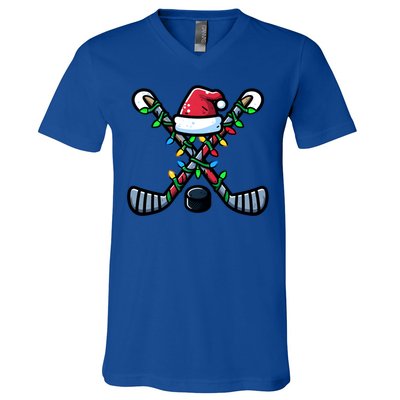 Hockey Santa Hat Christmas Lights For Hockey Fans Players Gift V-Neck T-Shirt