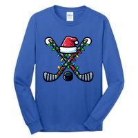 Hockey Santa Hat Christmas Lights For Hockey Fans Players Gift Tall Long Sleeve T-Shirt