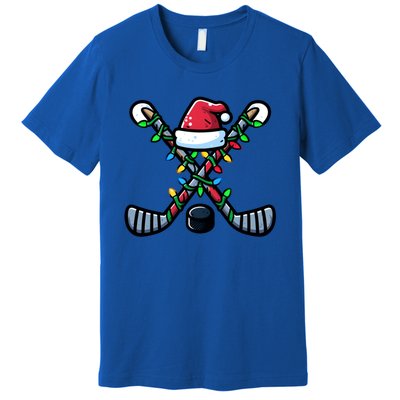 Hockey Santa Hat Christmas Lights For Hockey Fans Players Gift Premium T-Shirt