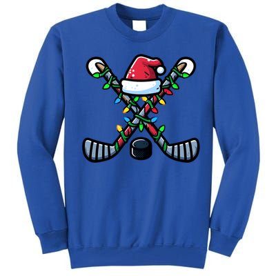 Hockey Santa Hat Christmas Lights For Hockey Fans Players Gift Tall Sweatshirt